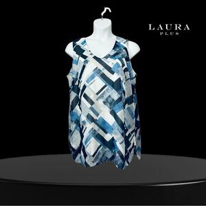 NWOT, Laura Plus, Sleeveless Tunic, Plus Size 1X, Blue, White, Gray